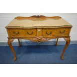 A REPRODUCTION VICTORIAN STYLE BURR WALNUT SERPENTINE SIDE TABLE, with a raised back, two frieze