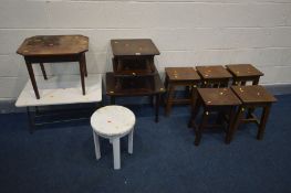 A SET OF FIVE OAK STOOLS, along with six various stools/occasional tables (11)