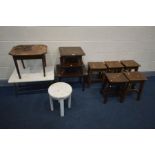 A SET OF FIVE OAK STOOLS, along with six various stools/occasional tables (11)