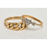 TWO RINGS, the first an 18ct gold knot ring, 18ct hallmark, ring size M, the second designed with