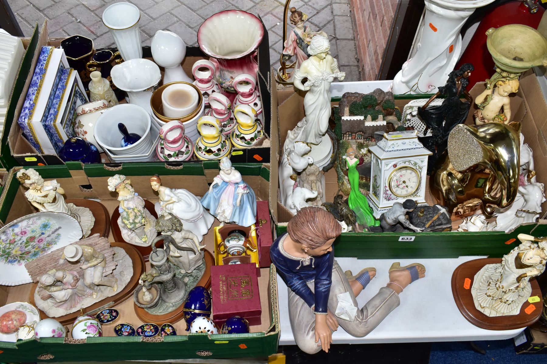 THREE BOXES AND LOOSE CERAMICS to include figurines, Royal Doulton Southern Belle HN2425 (over