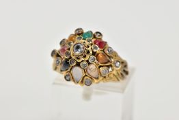 A YELLOW METAL MULTI GEM SET CLUSTER RING, tiered cluster set with colourless spinels, and semi-