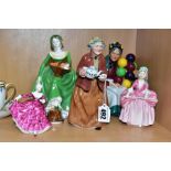 A COALPORT LADY FIGURE AND FOUR ROYAL DOULTON LADY FIGURES, comprising Coalport Ladies of Fashion '