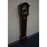 A MAHOGANY EIGHT DAY GRANDDAUGHTER CLOCK, with a brass and silvered dial, tempus fugit label to
