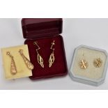 THREE PAIRS OF YELLOW METAL EARRINGS, to include a pair of foliate engraved drop earrings, post