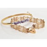 A 9CT GOLD BANGLE AND BRACELET, the plain hollow sprung bangle with central amethyst and topaz