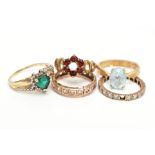 FIVE GEM SET RINGS, to include a garnet and opal cluster ring, an oval blue topaz ring, a heart