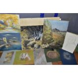 A PORTFOLIO OF WATERCOLOURS, PASTELS AND PRINTS, to include a landscape with stream signed Anthony