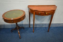 A YEW WOOD DRUM TABLE on a tripod stand, diameter 51cm x height 65cm, along with a yew wood hall