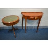 A YEW WOOD DRUM TABLE on a tripod stand, diameter 51cm x height 65cm, along with a yew wood hall