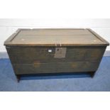 A LARGE 17TH CENTURY OR LATER OAK BOARDED CHEST, overpainted green, with later hinges, width 116cm x