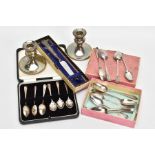 A BOX OF SILVER ITEMS, to include a cased set of six teaspoons, plain polished tapered stems,
