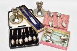 A BOX OF SILVER ITEMS, to include a cased set of six teaspoons, plain polished tapered stems,