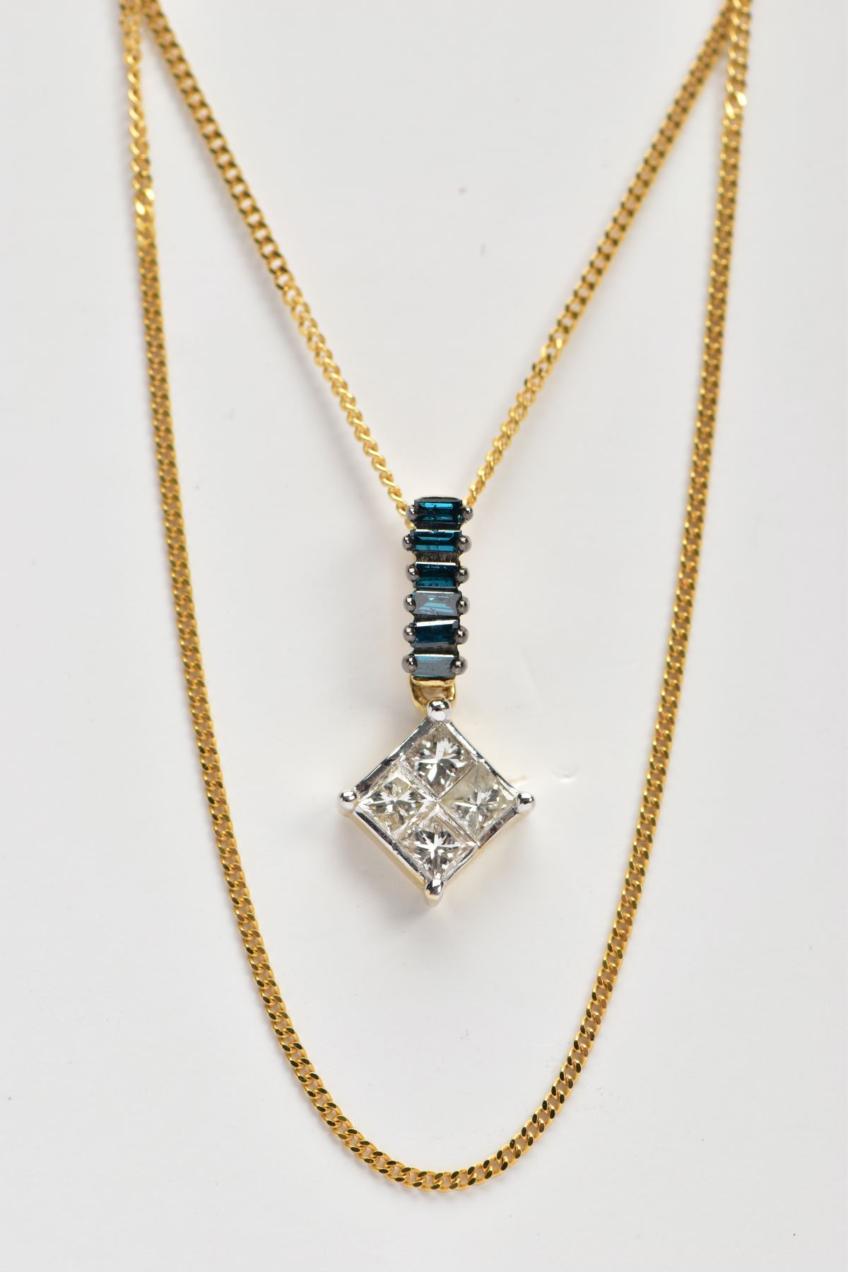 A YELLOW METAL DIAMOND PENDANT NECKLACE, the pendant set with four princess cut diamonds, - Image 2 of 2