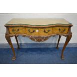 A REPRODUCTION VICTORIAN STYLE BURR WALNUT SERPENTINE SIDE TABLE, with two frieze drawers, on