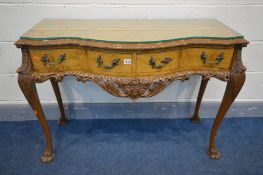 A REPRODUCTION VICTORIAN STYLE BURR WALNUT SERPENTINE SIDE TABLE, with two frieze drawers, on