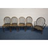 A SET OF FOUR ERCOL MODEL 139 KITCHEN CHAIRS, along with an Windsor armchair (condition - worn