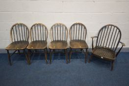 A SET OF FOUR ERCOL MODEL 139 KITCHEN CHAIRS, along with an Windsor armchair (condition - worn