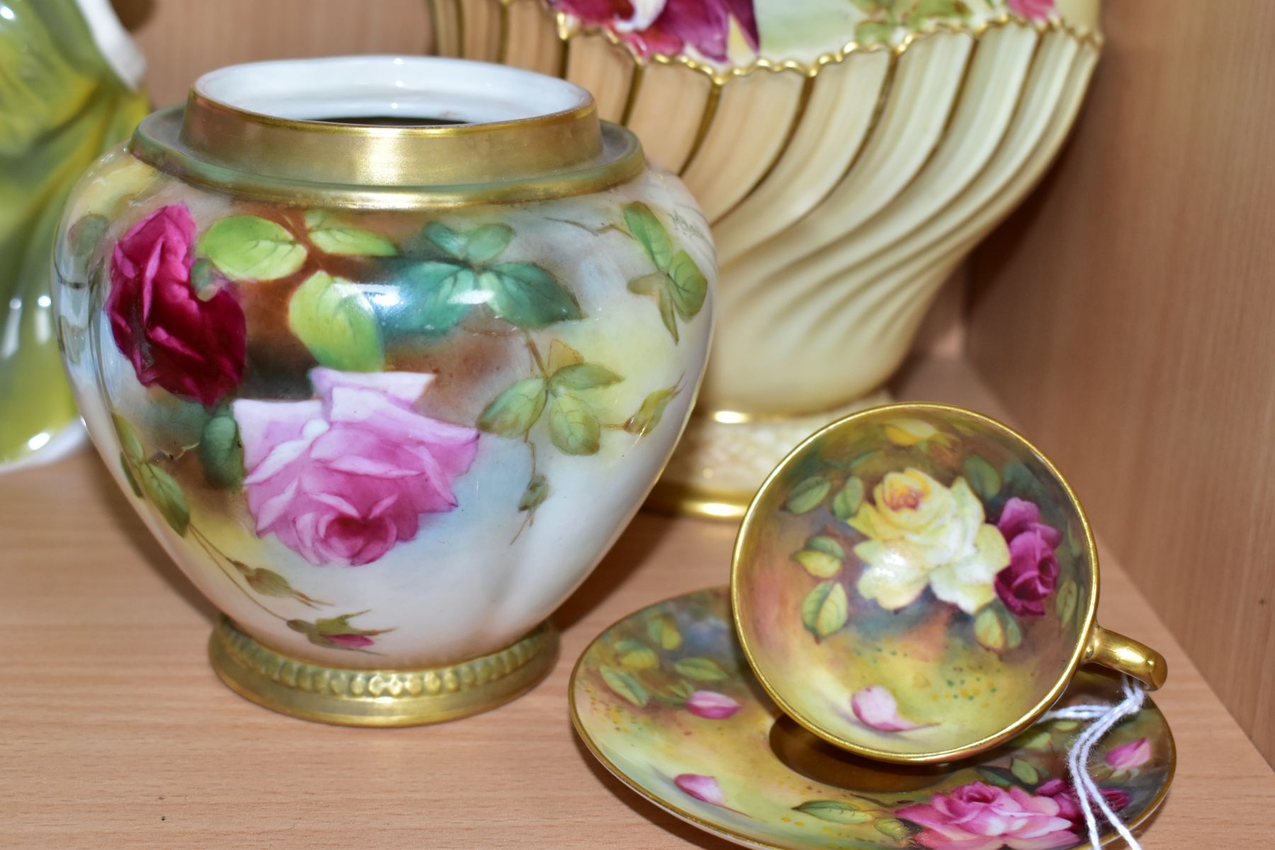 A ROYAL WORCESTER CABINET CUP AND SAUCER AND TWO ROYAL WORCESTER POT POURRIS LACKING COVERS, the cup - Image 3 of 11