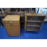 A TEAK HI-FI CABINET along with an Art Deco walnut glazed bookcase and a walnut single door China