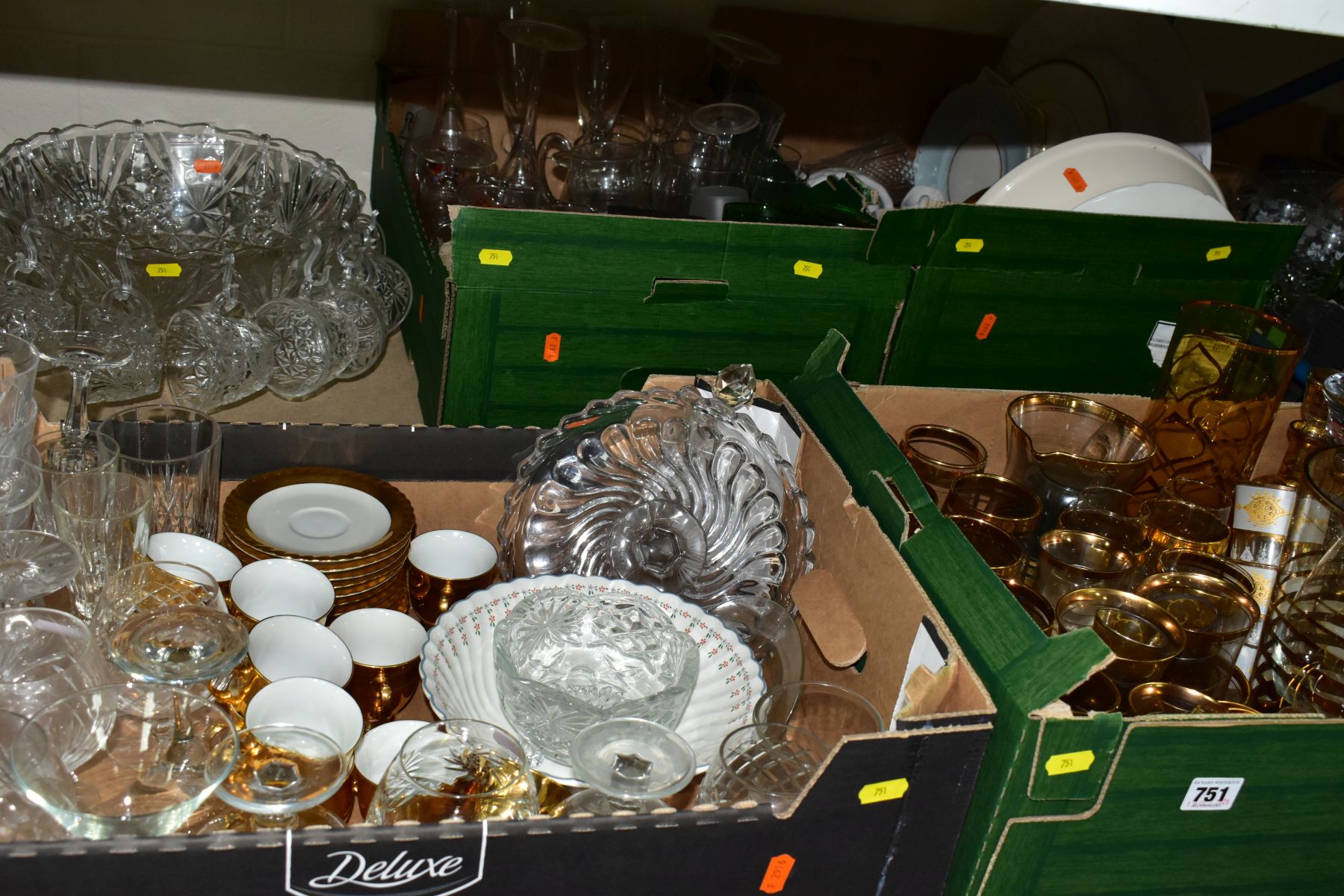 FOUR BOXES AND LOOSE GLASS AND CERAMIC WARES, to include vintage gilt banded drinking glasses,