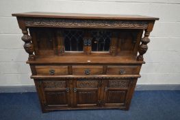 AN OLD CHARM OAK COURT CUPBOARD, width 138cm x depth 47cm x height 138cm (condition - worn finish)