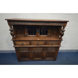 AN OLD CHARM OAK COURT CUPBOARD, width 138cm x depth 47cm x height 138cm (condition - worn finish)