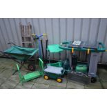 A PLASTIC ZAG WHEELED POTTING GARDEN TROLLEY, Hozelock wheeled trolley, fabric wheel barrow, wheeled