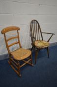 AN ERCOL MODEL 365A QUAKER BACK ARM CHAIR, and a beech rocking chair with a cane seat (2)
