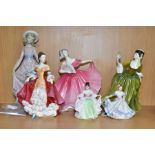 A LLADRO FIGURE AND FIVE ROYAL DOULTON LADY FIGURES, the Royal Doulton comprising Ninette HN3215,