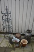 A BLACK PAINTED MILK CHURN stamped 'Coventry', a 20L jerry can, small metal banded barrel, vintage