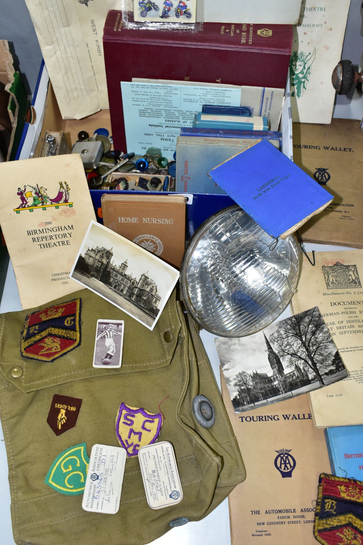 MOTORING, MILITARY AND FREEMASONRY INTEREST - A BOX OF VINTAGE EPHEMERA AND OTHER ITEMS to include a