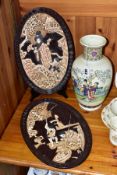 A PAIR OF BRETBY AESTHETIC RELIEF MOULDED OVAL PLAQUES AND A MODERN TRANSFER PRINTED CHINESE CERAMIC