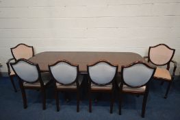 A BRIDGECRAFT MAHOGANY TWIN PEDESTAL EXTENDING DINING TABLE, one additional leaf, and six matching