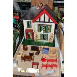 A WOODEN DOLLS HOUSE, in the Tri-ang Tudorbethan style, front opening to reveal three rooms and an
