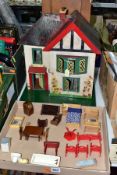 A WOODEN DOLLS HOUSE, in the Tri-ang Tudorbethan style, front opening to reveal three rooms and an