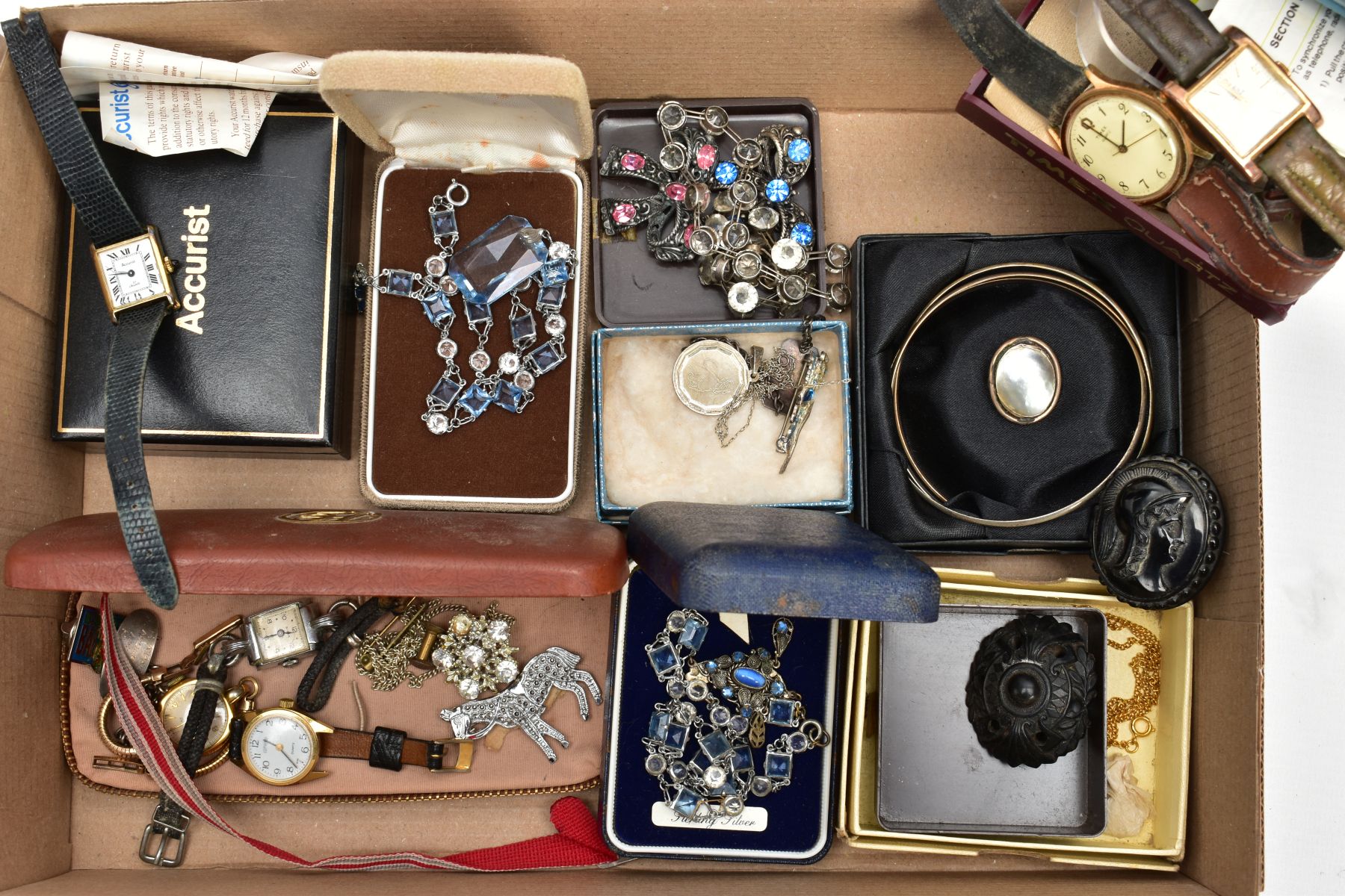 A TRAY OF ASSORTED JEWELLERY AND WRISTWATCHES, to include two gents gold-plated wristwatches, a