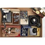 A TRAY OF ASSORTED JEWELLERY AND WRISTWATCHES, to include two gents gold-plated wristwatches, a