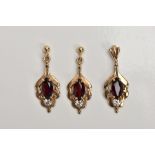 A PAIR OF 9CT GOLD GARNET AND CUBIC ZIRCONIA DROP EARRINGS WITH A MATCHING PENDANT, each earring set