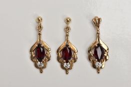 A PAIR OF 9CT GOLD GARNET AND CUBIC ZIRCONIA DROP EARRINGS WITH A MATCHING PENDANT, each earring set