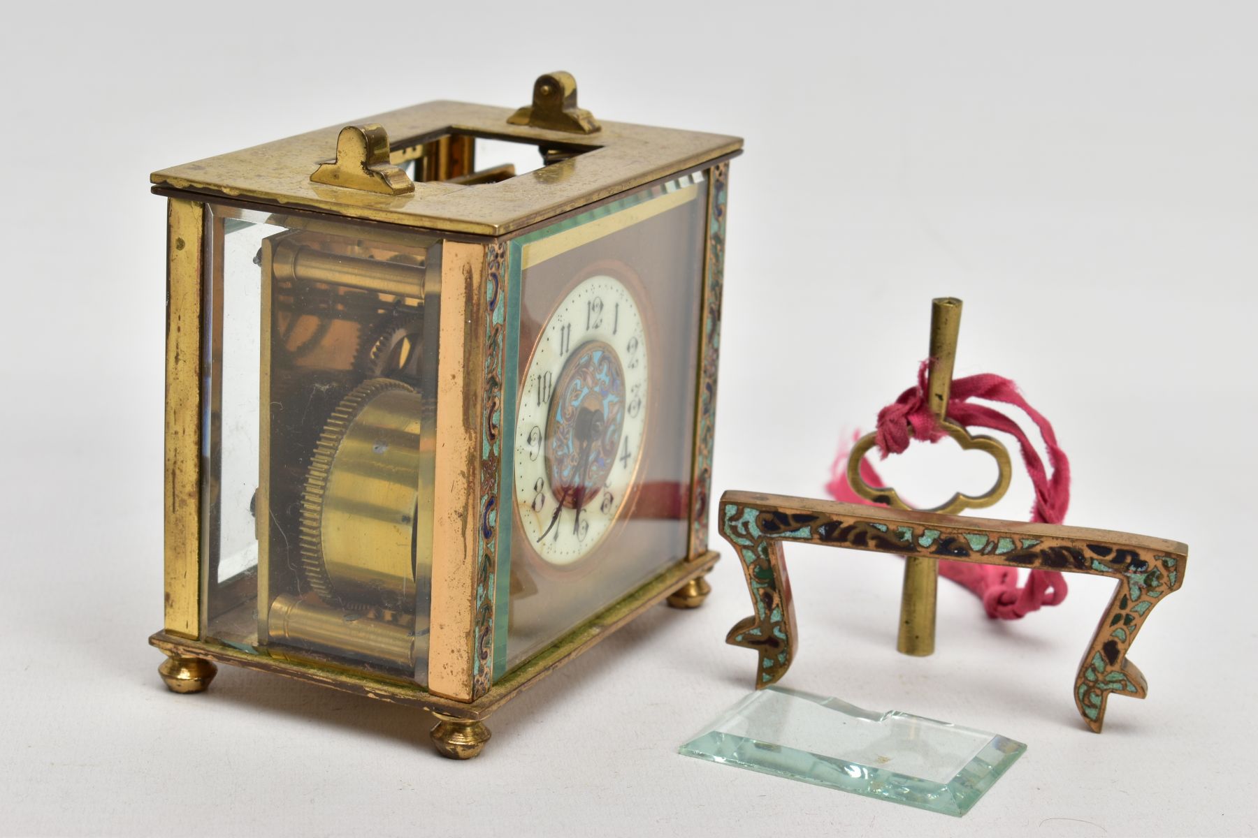 A BRASS AND ENAMELLED CARRIAGE CLOCK, of a square form, round white dial with the centre decorated - Image 2 of 6