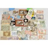 A Plastic box of mixed world coins and banknotes. To include: A box of USA early and mid-20th