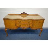 A REPRODUCTION VICTORIAN STYLE BURR WALNUT SERPENTINE SIDEBOARD, with a raised back, cupboard