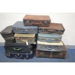 A QUANTITY VARIOUS LUGGAGE CASES of various styles and ages, to include two modern suit cases, a