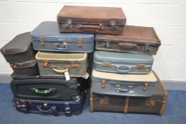 A QUANTITY VARIOUS LUGGAGE CASES of various styles and ages, to include two modern suit cases, a