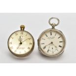 AN OPEN FACE POCKET WATCH AND A TABLE CLOCK, the white metal open face pocket watch, with a round