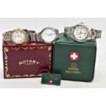 THREE GENTS WRISTWATCHES, to include a boxed 'Swiss Military' watch, round white dial, Arabic and