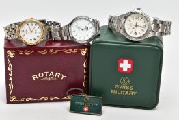 THREE GENTS WRISTWATCHES, to include a boxed 'Swiss Military' watch, round white dial, Arabic and