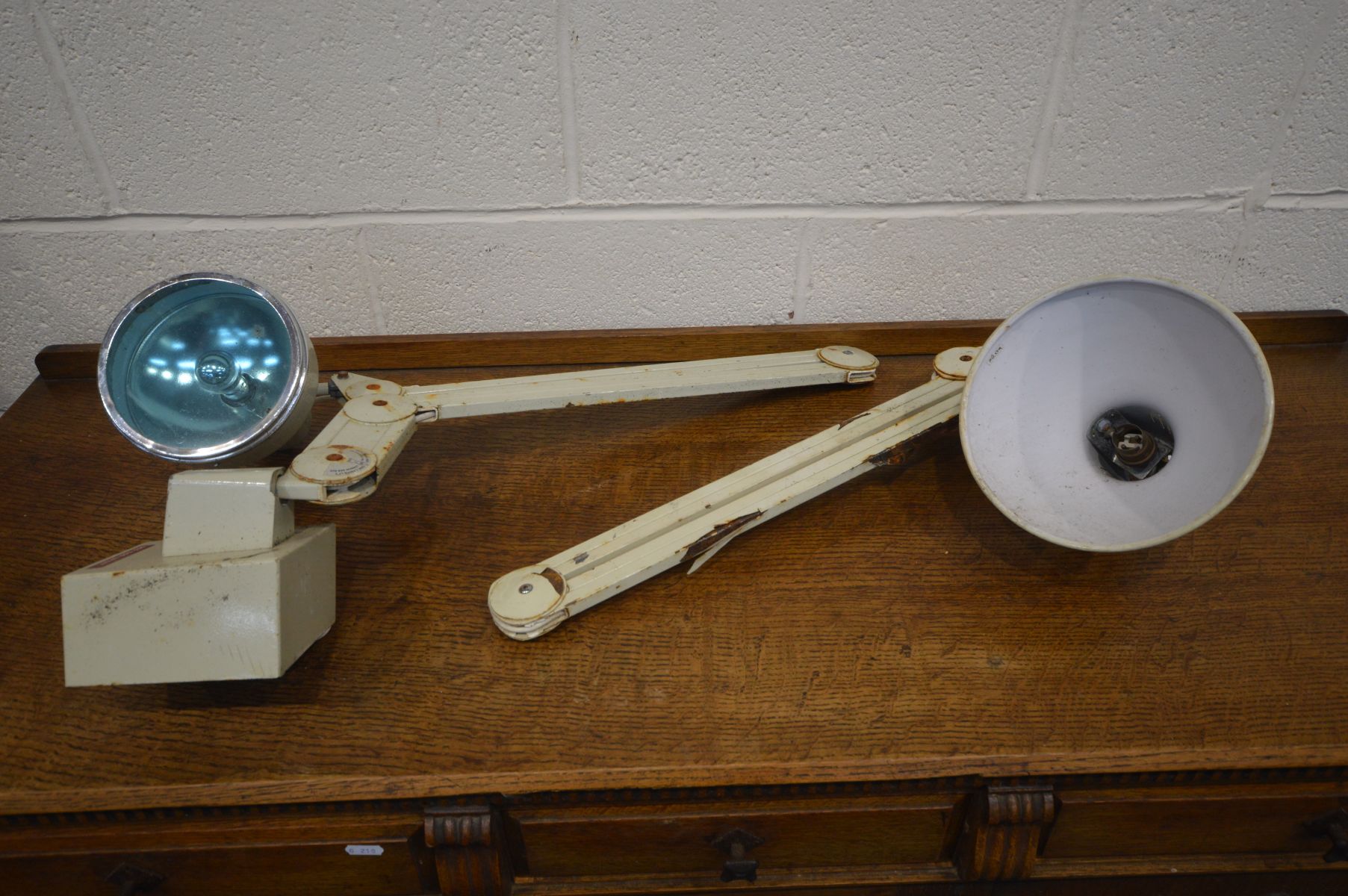 TWO CREAM INDUSTRIAL WALL LIGHTS (condition - rusty, paint peeling)