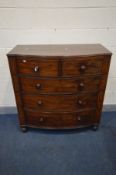 A LATE VICTORIAN MAHOGANY BOWFRONT CHEST OF TWO SHORT OVER THREE LONG DRAWERS, with turned handles